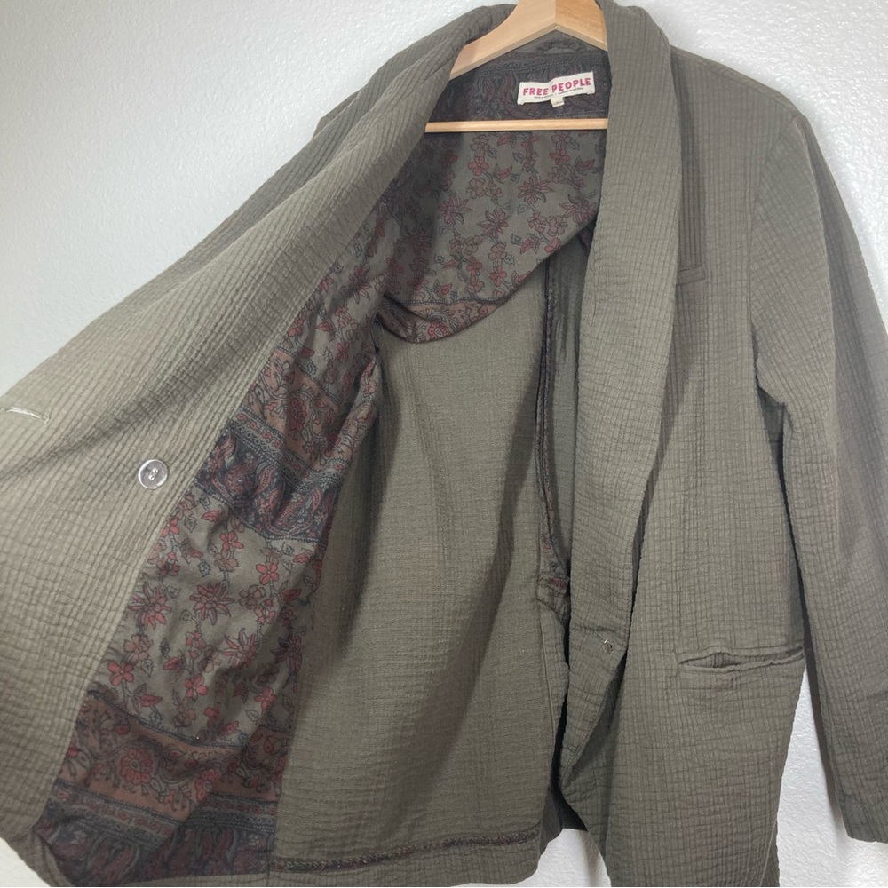 free People Rowan Blazer Gauze Cotton Olive Green Boho Médium Oversize Button Up - Picture 12 of 16